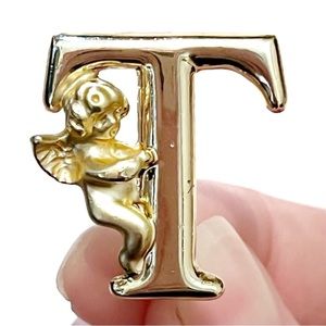 Vintage L Razza Lapel Pin Brooch Angel Letter T Initial Name Gold Shiny Cherub